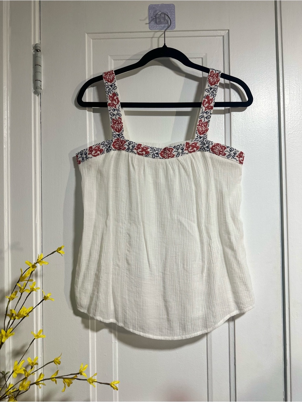 White Cotton Tank Top with Red Floral Trim